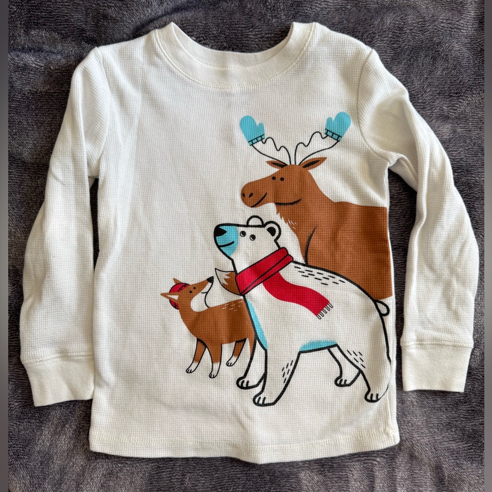 Jumping Beans White Thermal Shirt with winter animals 4T